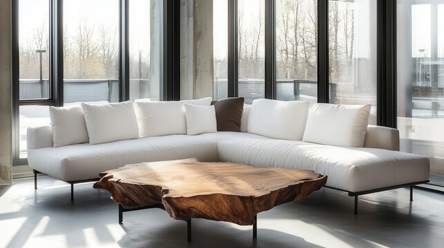 A Minimalist Living Room With A White Sectional Sofa And A Unique Wooden Coffee Table. The Large Windows Offer A Bright And Airy Feel.