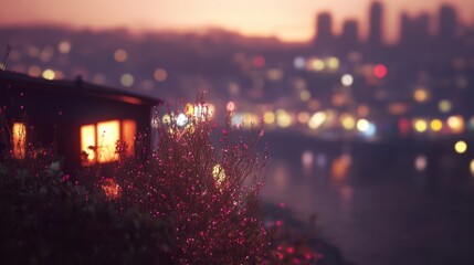 Illuminated Plant Against Blurred Cityscape at Sunset
