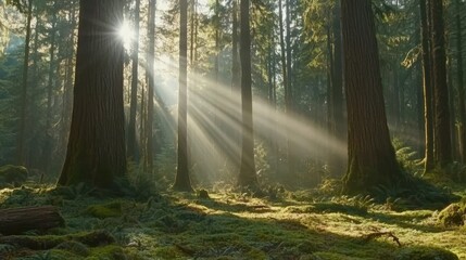 Sunbeams Illuminate Mossy Forest Floor Amid Tall Trees