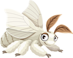 Cartoon funny silkworm butterfly insect character. Isolated vector playful white fluffy moth, silk worm pest, Bombyx mori species personage with large eyes and friendly smile. Cute silkworm butterfly