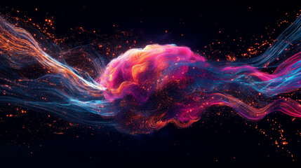 Obraz premium Colorful abstract representation of a brain surrounded by flowing energy in a dark backdrop at night