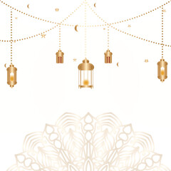 Ramadan Kareem background with hanging lanterns, stars, and crescent moon