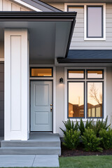 Fototapeta premium Modern House Exterior: Contemporary Home Design with Grey Facade and Landscaped Entrance