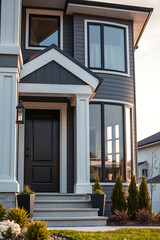 Obraz premium Modern Gray House Exterior: Dream Home Design, Luxury Real Estate, Contemporary Architecture, New Home, Curb Appeal