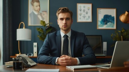 Fototapeta premium Portrait of young male Boss or CEO in formal suit posing at office desk, AI generated image