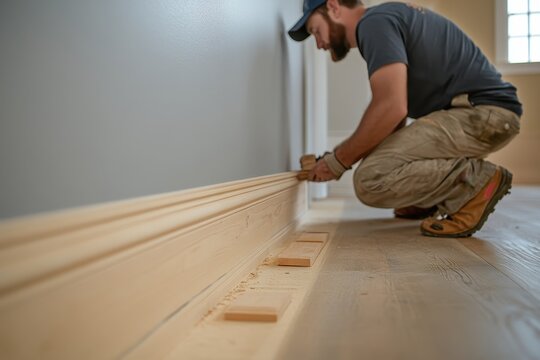 Carpenter installing baseboard molding, Shows detailed process of home renovation.