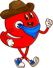 Cartoon groovy math character, number 9 in cowboy sombrero hat, vector mathematics symbol. Groovy number Nine 9 in Western bandit kerchief with funny face as Wild West cowboy or ranger character