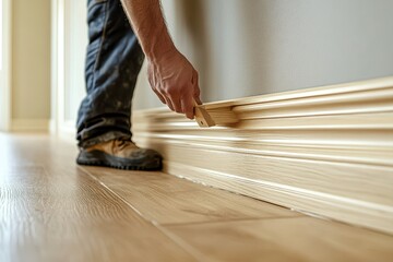 Carpenter installing elegant wood baseboard. Shows skilled craftsmanship and home improvement.