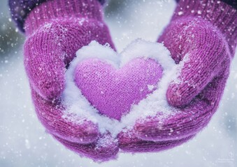 Winter Love with Heart Shaped Snowball in Cozy Knitted Mittens on Romantic Valentine's Day