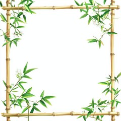 Bamboo Frame with Green Leaves and White Flowers, Ideal for Nature-themed Designs and Promotions