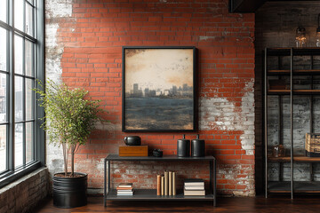Urban art display in a modern interior with exposed brick wall featuring an abstract painting