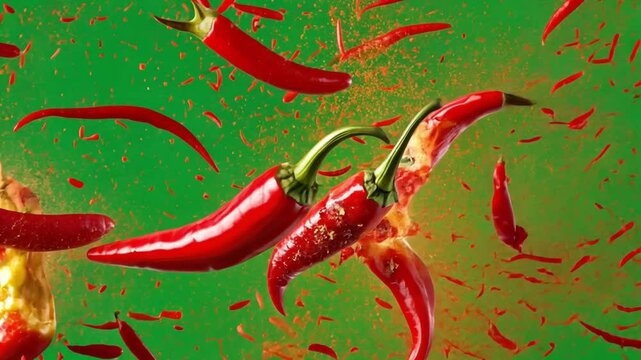 Chili Pepper Explosion: A vibrant and dramatic image of red chili peppers exploding in a burst of color and spice against a bright green background. The fiery peppers are suspended in mid-air.