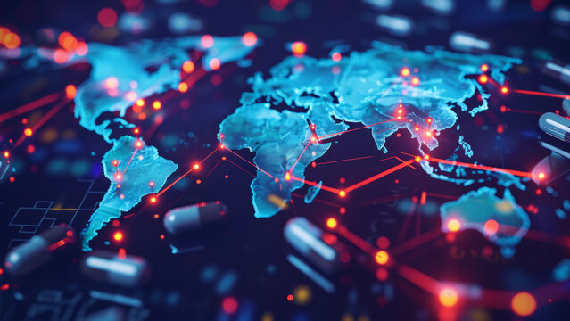 Global Pharmaceutical Network With Red Capsules On A Digital World Map