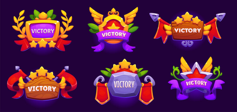Game victory award icons, ui badges asset. Vector gui buttons for mobile app menu interface. Level pop up screens with stars, green leaves, stone or wooden plates, wings, colorful ribbons or banners