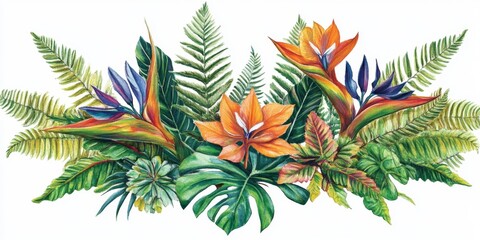 Naklejka premium Vibrant Tropical Floral Arrangement Featuring Exotic Leaves and Colorful Blooms on a White Background