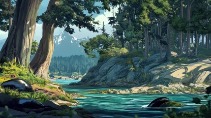 A serene river flows through a vibrant forest with a backdrop of snowy mountains