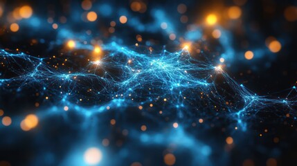 Abstract Network Visualization:  A Digital Landscape of Interconnected Nodes and Glowing Particles