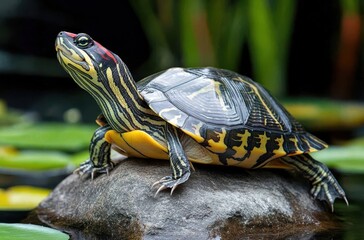 Obraz premium Colorful turtle resting on a rock by calm water surrounded by greenery, showcasing vibrant colors and natural habitat in a serene environment
