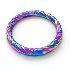 colorful hula hoop with twisted design resting on white surface, showcasing vibrant hues