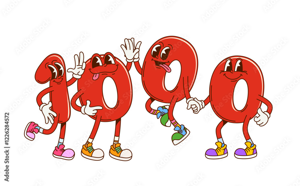 Aufkleber groovy one thousand math number characters. school math digit cartoon funny mascot, mathematics nume