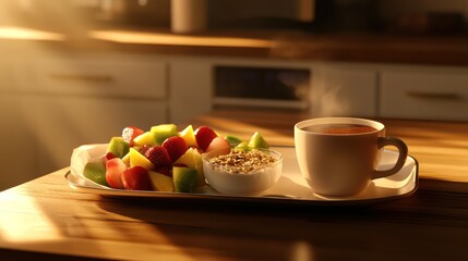 A healthy breakfast of sliced fruit, yogurt with granola, and a steaming cup of coffee