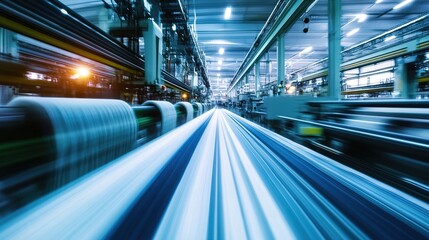 An automated textile plant with machines weaving fabrics at high speed.