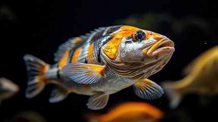 Fototapeta premium A vibrant fish swimming gracefully in a dark aquatic environment.