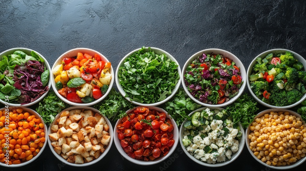 Canvas Prints Freshly prepared bowls of colorful salads arranged on a dark surface, showcasing vibrant ingredients