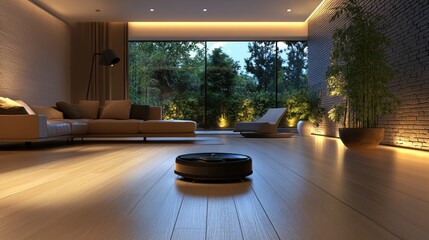 Modern living room with robotic vacuum cleaner. Shows automated cleaning in a stylish home.