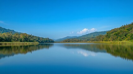 A serene landscape featuring a calm lake reflecting the clear blue sky and tree-covered mountains