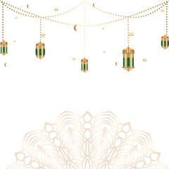 Ramadan Kareem background with hanging lanterns, stars, and crescent moon