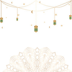 Ramadan Kareem background with hanging lanterns, stars, and crescent moon