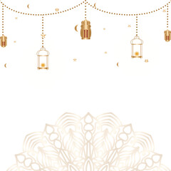 Ramadan Kareem background with hanging lanterns, stars, and crescent moon
