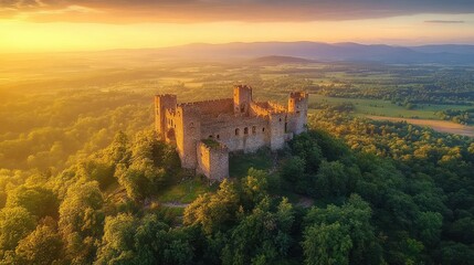 Aerial View of Chojnik Castle Ruins Sunset Landscape