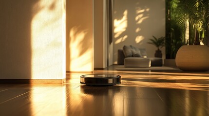 Modern robotic vacuum cleaner on hardwood floor, sunlit. Ideal for showcasing smart home technology and cleaning solutions.