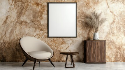 Beige Armchair and Wooden Side Table in Modern Minimalist Interior with Brown Textured Wall