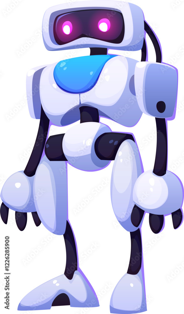 Poster cartoon futuristic robot and droid mascot character features glowing eyes and humanoid structure. ve