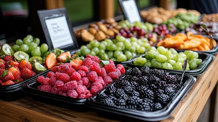 Outdoor fruit platter display at event, various berries and grapes