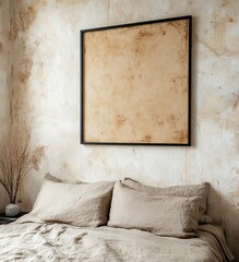 Beige Linen Bedding and Framed Artwork in a Minimalist Bedroom