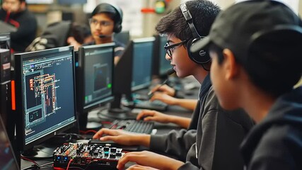 Group of teenagers engaged in coding and gaming at a technology workshop, focused on screens