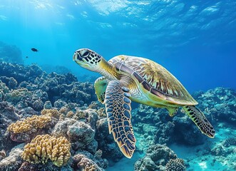 Obraz premium Graceful Sea Turtle Gliding Over Vibrant Coral Reef in Clear Tropical Water Under Sunlight, Showcasing Marine Life Beauty