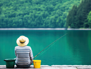 person fishing by tranquil lake, wearing straw hat, with fishing rod and buckets nearby. serene environment enhances peaceful experience of fishing
