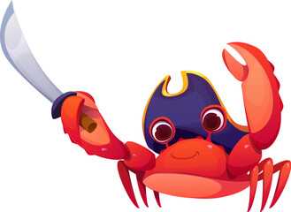 Cartoon crab pirate corsair character in captain tricorne hat with sword, vector personage. Caribbean pirate crab funny character in tricorn with corsair saber or filibuster sword for Treasure Island