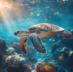 Fototapeta premium Graceful sea turtle swimming through vibrant coral reef in clear blue ocean water illuminated by sunlight and surrounded by colorful tropical fish