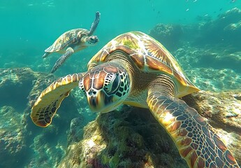 Fototapeta premium Graceful sea turtles swimming gracefully through clear turquoise waters with coral formations in the background, showcasing ocean life beauty and tranquility.