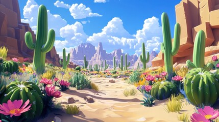 Vibrant desert landscape with cacti and wildflowers under a sunny sky.