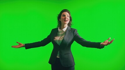 Joyful businesswoman in a dark suit with open arms, expressing excitement and enthusiasm, standing against a bright green screen background.