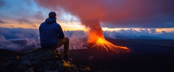 Obraz premium Man watching volcano eruption sunset. Travel adventure landscape