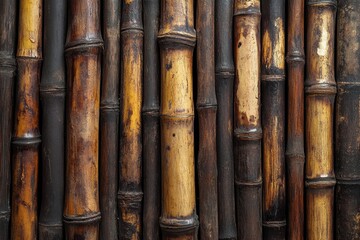 Fototapeta premium Close-up of dark brown and golden bamboo poles. Perfect for backgrounds, textures, or nature themes.