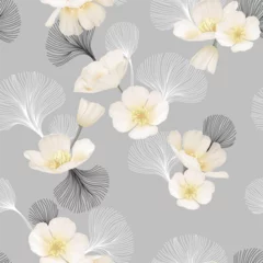 Gardinen Blättern Floral seamless pattern features delicate soft white California Poppy flowers and black and white linear leaves on gray background  © momosama